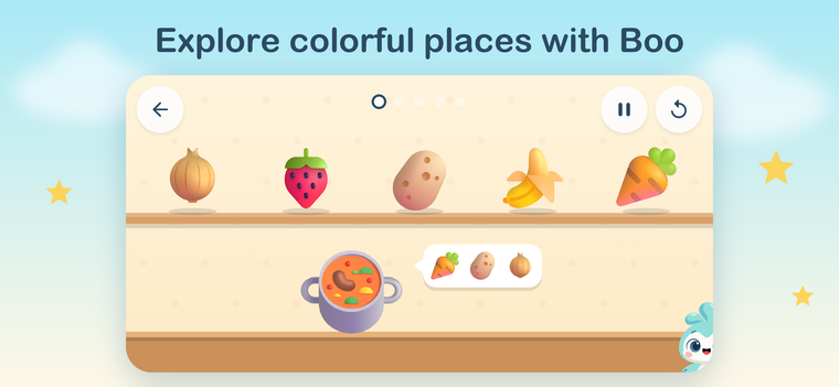 Cooking a soup: onion, strawberry, potato, banana and carrot on a shelf, the recipe asks for carrot, potato and onion