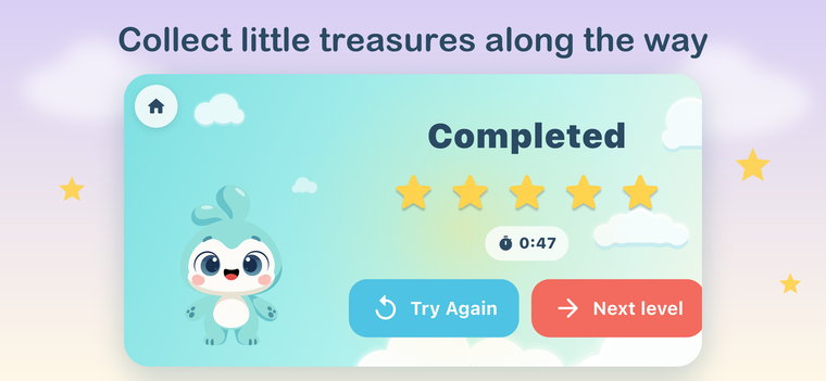 Level completed: five stars, the time taken and Try Again and Next level buttons